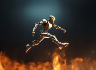 Poster - A chrome robotic figure leaps dynamically over a fiery expanse, showcasing incredible power and agility.  Its metallic form gleams against the dark background.