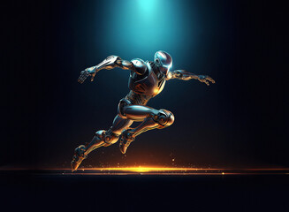 Poster - A futuristic robot, sleek and metallic, is captured mid-stride, powerful and dynamic, illuminated by a bright cyan light.  Its movement is swift and suggests incredible speed and agility.