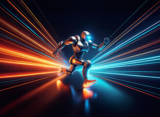Poster - A metallic robot sprints through a vibrant, energy-filled corridor of light streaks, showcasing speed and futuristic technology.