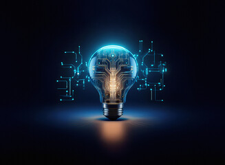 Aufkleber - A glowing lightbulb, its filament replaced by intricate circuit boards, symbolizes innovation and technological advancement.  The blue circuitry contrasts with the warm light, representing the merging