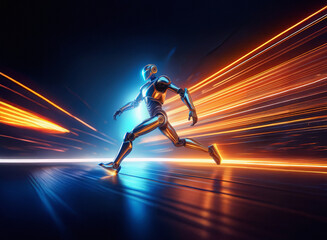 Poster - A metallic android runs at incredible speed through a futuristic, glowing landscape.  Streaks of light illuminate its path, showcasing dynamic motion and technological advancement.