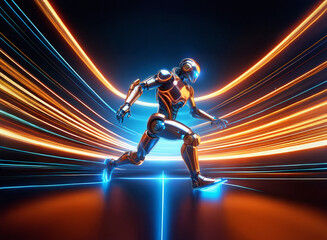Poster - A metallic humanoid robot runs through streaks of vibrant blue and orange light, showcasing futuristic speed and technology.