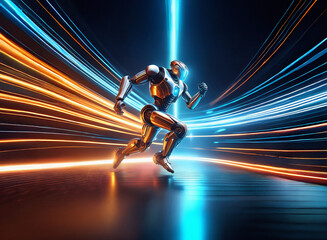 Poster - A metallic robot runs through a futuristic tunnel of vibrant light streaks, showcasing speed and technological advancement.