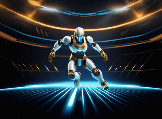 Poster - A futuristic white and gold robot, poised mid-leap,  stands in a dark, technologically advanced arena.  Illuminated by glowing blue and gold lines.