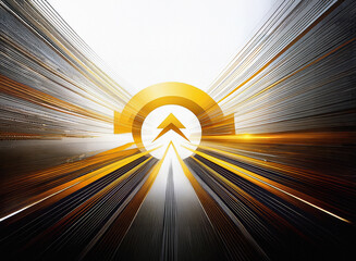 Leinwandbilder - Abstract image depicting a dynamic, upward-moving arrow within a circular golden frame, set against a backdrop of converging light streaks suggesting rapid motion and progress.