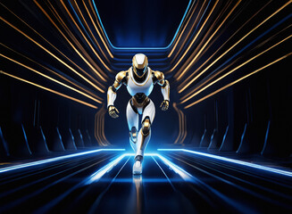 Poster - A sleek, humanoid robot strides down a futuristic corridor, illuminated by glowing blue and gold lines.  Its design is elegant and powerful, suggesting advanced technology and a sense of purpose.