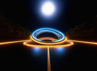 Poster - Glowing rings of blue and orange light hover above a dark road, illuminated by a bright moon.  Neon lines trace the asphalt, creating a futuristic, surreal scene.