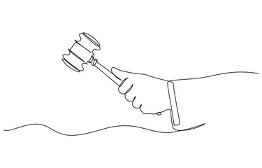 Continuous line drawing of the judge's hand tapping the gavel.one line drawing, One continuous single drawing line art flat doodle judge, court, gavel, law, legal, justice, hammer, gavel in the judge.