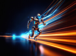 Poster - A futuristic robot runs at incredible speed, leaving trails of vibrant blue and orange light.  Its sleek design reflects the power and technology of the future.