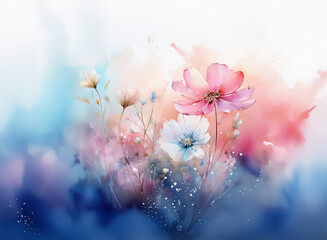 Aufkleber - Soft watercolor painting of delicate pink and white cosmos flowers blooming amidst a dreamy, colorful abstract background.  Blue, pink, and orange hues create a serene atmosphere.