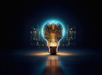 Aufkleber - A glowing lightbulb with integrated circuit board design, emitting a futuristic, ethereal glow against a dark background.  The image symbolizes innovation and technological advancement.