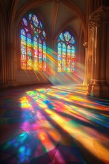 Wall Mural - Light streaming through colored stained glass windows inside a cathedral, illuminating the floor, used for church design