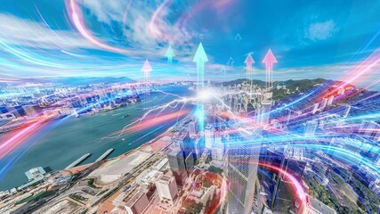 Poster - A 4K still video of Hong Kong's central district, showcasing upward trending arrows amidst vibrant light trails.  The camera pans from down to up.