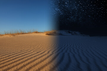 Wall Mural - desert by day and under starry night sky. time of day change, collage