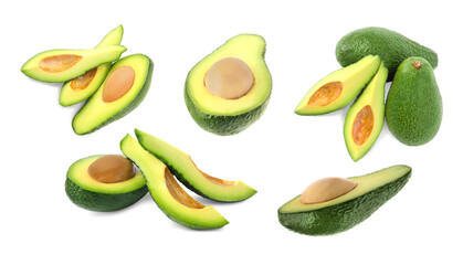 Wall Mural - Fresh avocado fruits isolated on white, set