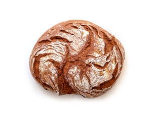 Loaf of natural handmade brown bread isolated on white, top view