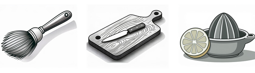 Poster - A set of monochrome kitchen utensil icons: a brush, cutting board with knife, and citrus juicer.