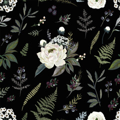 Poster - Blooming vector midsummer rose forest fern seamless pattern