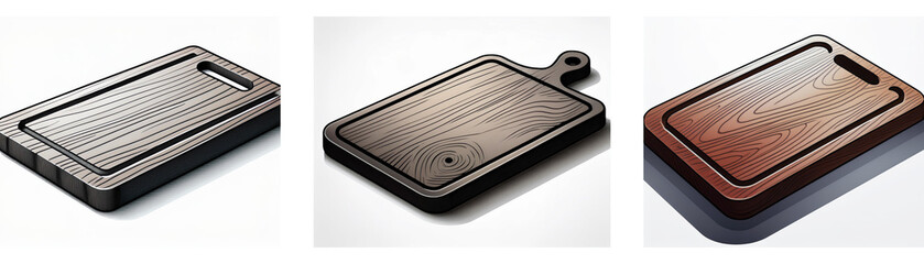Poster - Three kitchen cutting boards, shown as icons, in various colors and materials.  They are rectangular with a slightly raised edge.