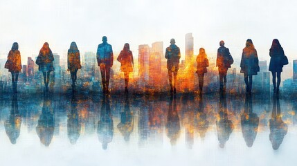 Wall Mural - Silhouetted figures stand against a vibrant city skyline at sunset, reflecting on calm water