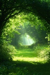 Wall Mural - Sunlit Path Through Lush Green Forest Canopy