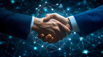 between two business professionals blended with digital blockchain connections and technology symbols 