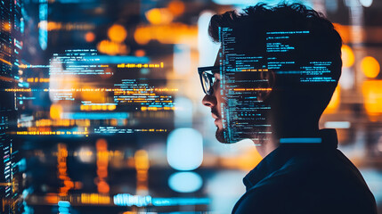 double exposure of a developer coding with augmented reality and virtual technology layers