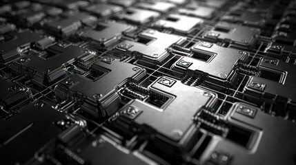 Metallic circuit board grid close-up, data flow background, tech concept