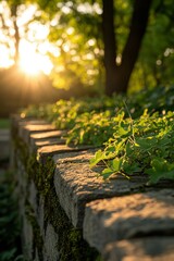 Wall Mural - Sunset Glow Illuminates Stone Wall And Greenery