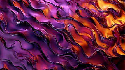 Wall Mural - Abstract fluid art background with vibrant purple and orange wavy patterns and glossy finish