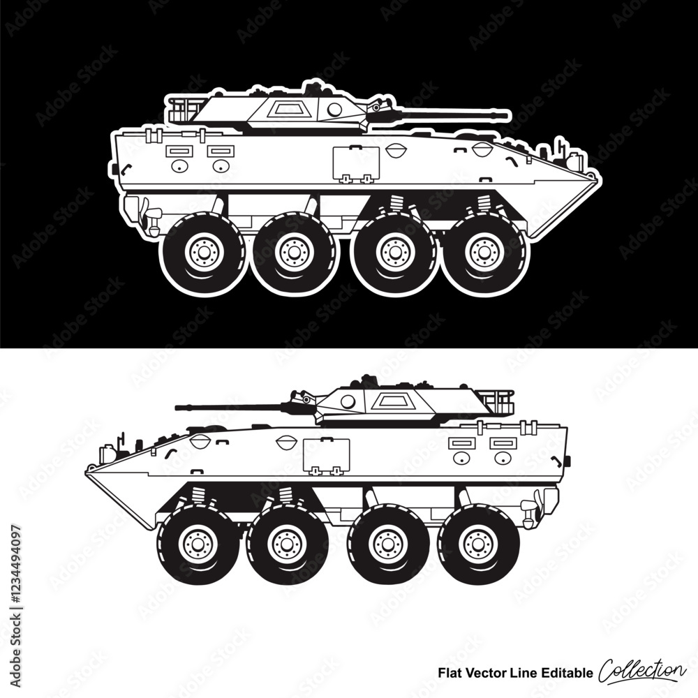 Black and white military battle tank, flat vector illustration Stock ...
