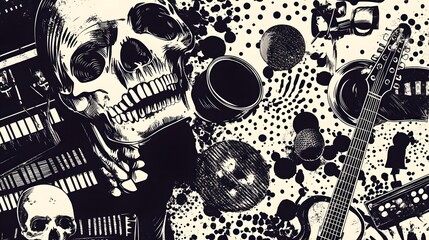 Fototapete - Skull and Guitar Dot Pattern Grunge Retro Rock Music Art Abstract Digital Design