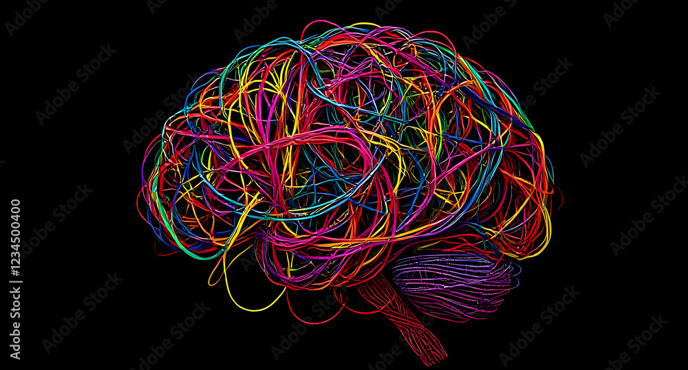 Vibrant multi-colored tangled threads form a human brain shape on a ...