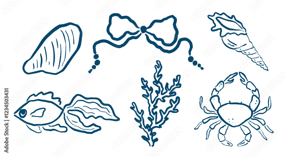 set of hand drawn underwater creatures. whimsical doodle ocean marine ...