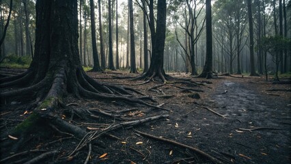 Wall Mural - dark forest floor with scattered ebony tree trunks and roots, forest floor, forest atmosphere, earth