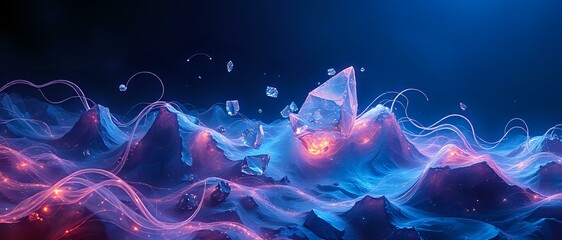 Cosmic Dreamscape: Glowing Icebergs in a Surreal Night Sky