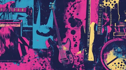 Fototapete - Vibrant Digital Abstract Art with Musical Instrument Motifs