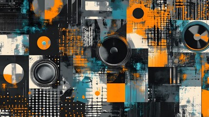Aufkleber - Vibrant Geometric Abstract Cityscape Design with Overlapping Shapes and Dynamic Patterns