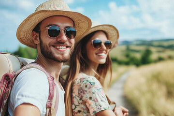 Happy young backpacker couple enjoy beautiful view while traveling outdoors in holiday trip