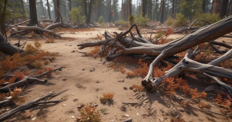 Wall Mural - dry pine tree branches scattered on the ground, coniferous trees, autumn leaves, fallen leaves
