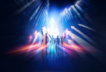 Leinwandbilder - Silhouetted figures celebrate success amidst a vibrant cityscape, surrounded by glowing upward arrows symbolizing growth and progress.  A dynamic scene of achievement and advancement.