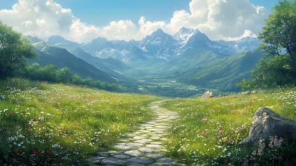 Wall Mural - Stone path through blooming meadow leading to majestic snow-capped mountains under a vibrant blue sky.