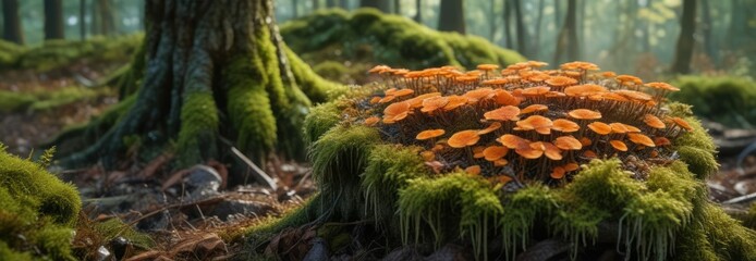 Wall Mural - Fungal mass on a moss-covered stump in the forest floor , natural world, forest, fungi