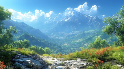 Wall Mural - Panoramic view of a valley nestled amongst majestic snow-capped mountains on a sunny day.