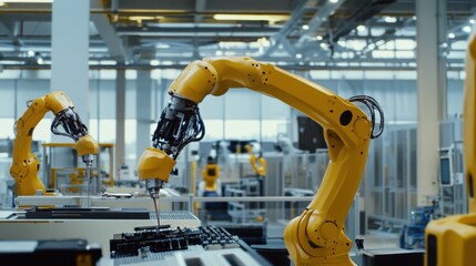 a factory automation specialist programming robotic arms in a modern production facility, with robot