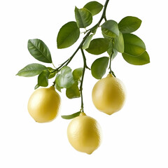 Wall Mural - Lemons on branch, leaves, white background, healthy food