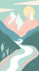 Wall Mural - Cute mountains and river illustration outdoors painting nature.