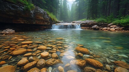 Wall Mural - Crystal-clear stream flowing over smooth rocks in a misty forest.