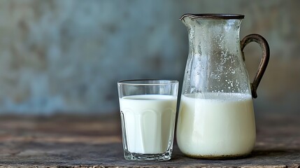 Wall Mural - Milk in glass and pitcher on rustic wood