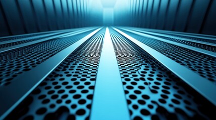 Blue metallic server room interior, perspective view, data center cooling, technology background, website banner